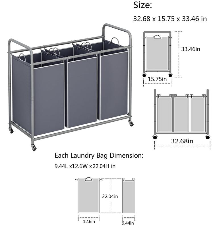3-Bag Laundry Basket Hamper Laundry Sorter Cart laundry room organization with Heavy Duty Rolling Lockable Wheels and Removable Bags【A001】 Deals For You Days