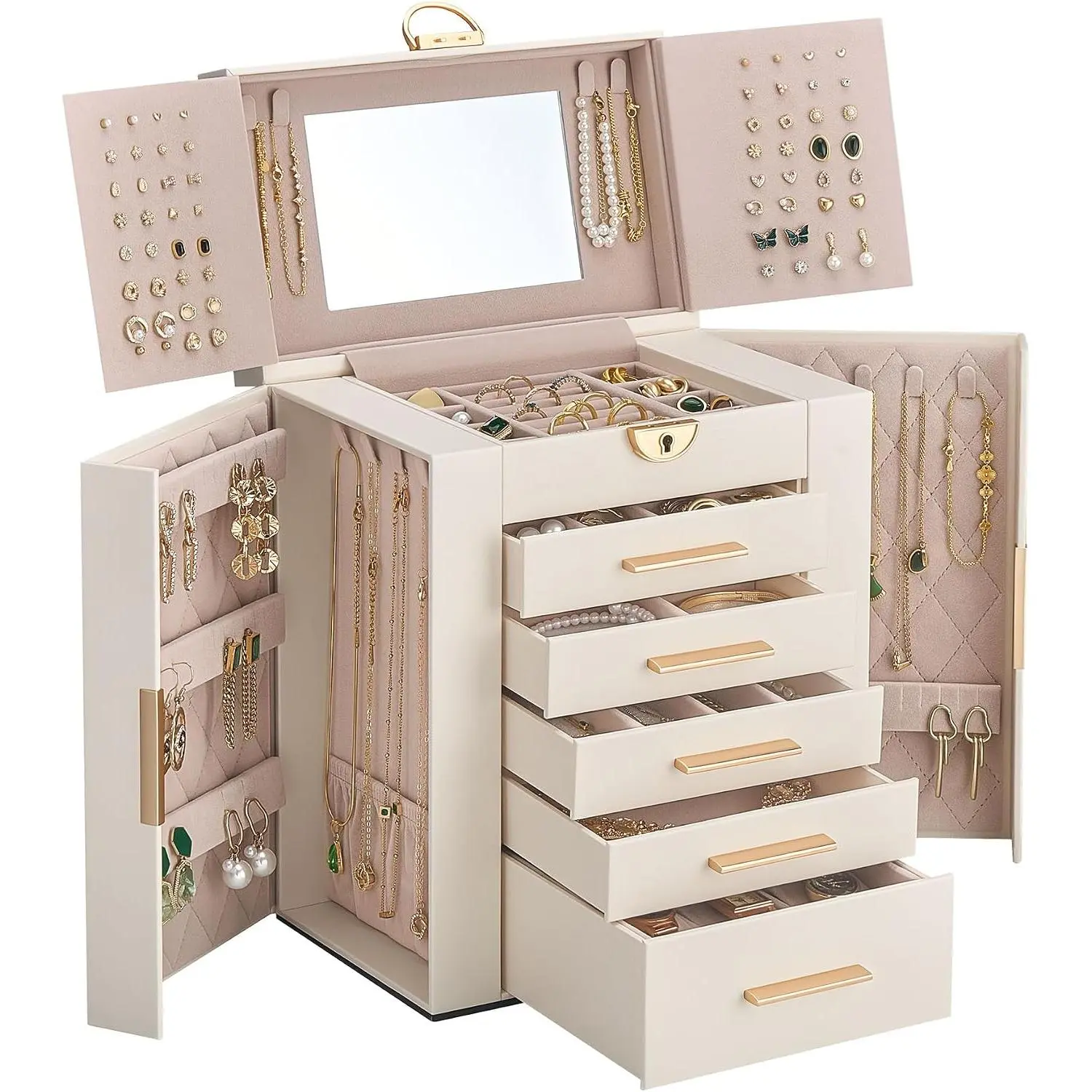 Large  Box, 6-Layer  Organizer with 5 Drawers -Beige | Huge Jewellery Storage Case for Women Girls, Mirror & Lock, Watch Ring Earring Bracelet Necklace Holder,  Idea