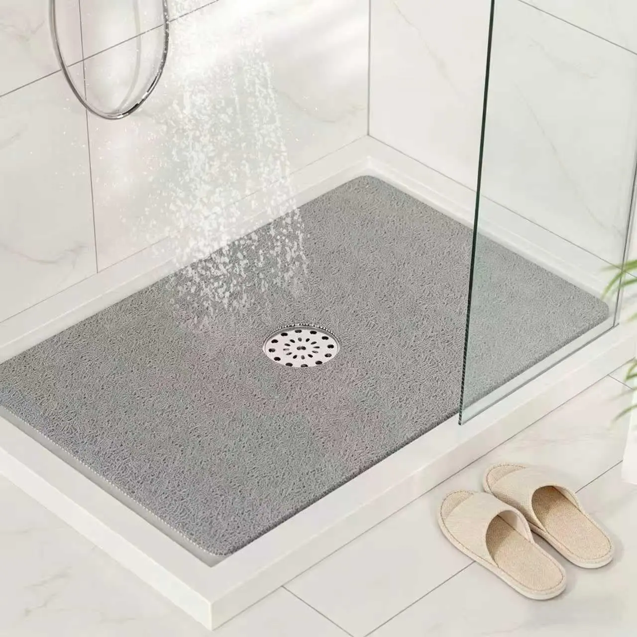 Shower Mat with Center Drain Hole, 24 x 16 Inch Non Slip Bath Mat for Textured Tub, Soft Loofah-Style Bathtub Mat Without Suction Cup, Quick Drying Stall Floor Mat, Bathroom Accessories, Grey