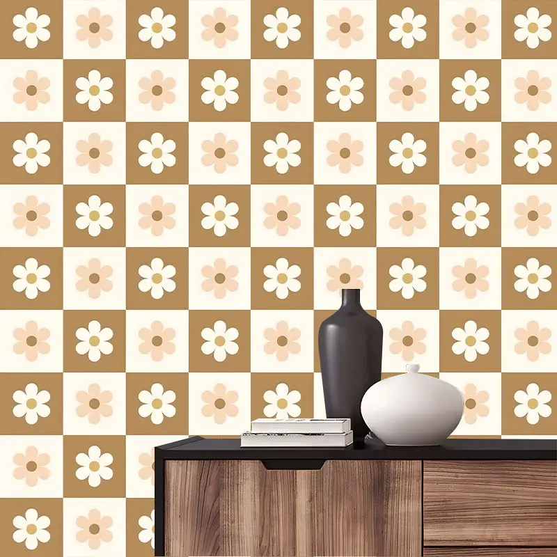 Boho Daisy Checkered Peel and Stick Wallpaper, Vintage Decorative Wallpaper Removable Self Adhesive Contact Paper for Bedroom, Aesthetic Wall Paper Roll, Ideal Gift for Boho Home Decor Lovers