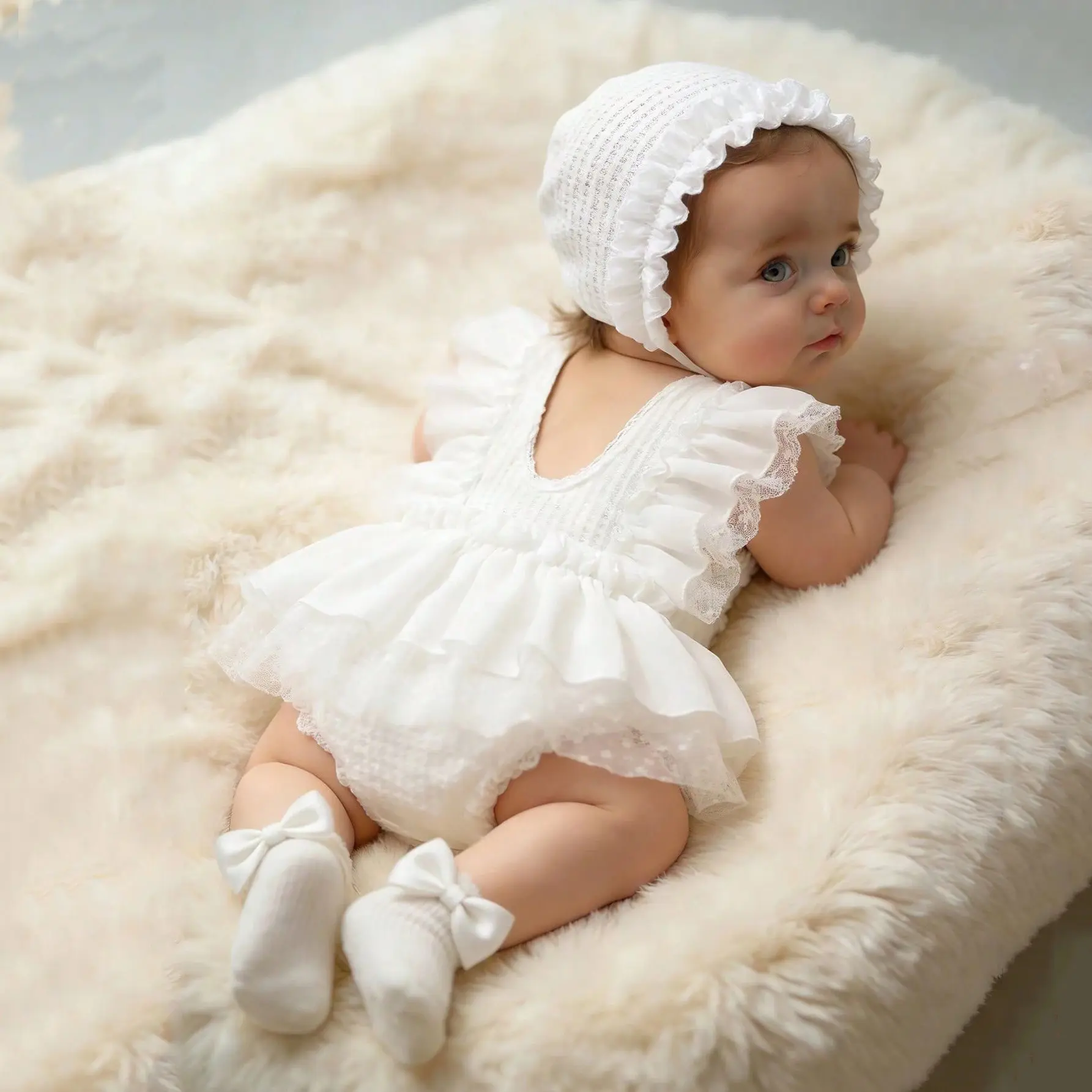 2Pcs Newborn Photography Romper With Matching Hat Cute White Summer Baby Girl Wedding Dress Lace Mesh Ruffle Jumpsuit Baby Shower Party Outfit Set Gift Sets