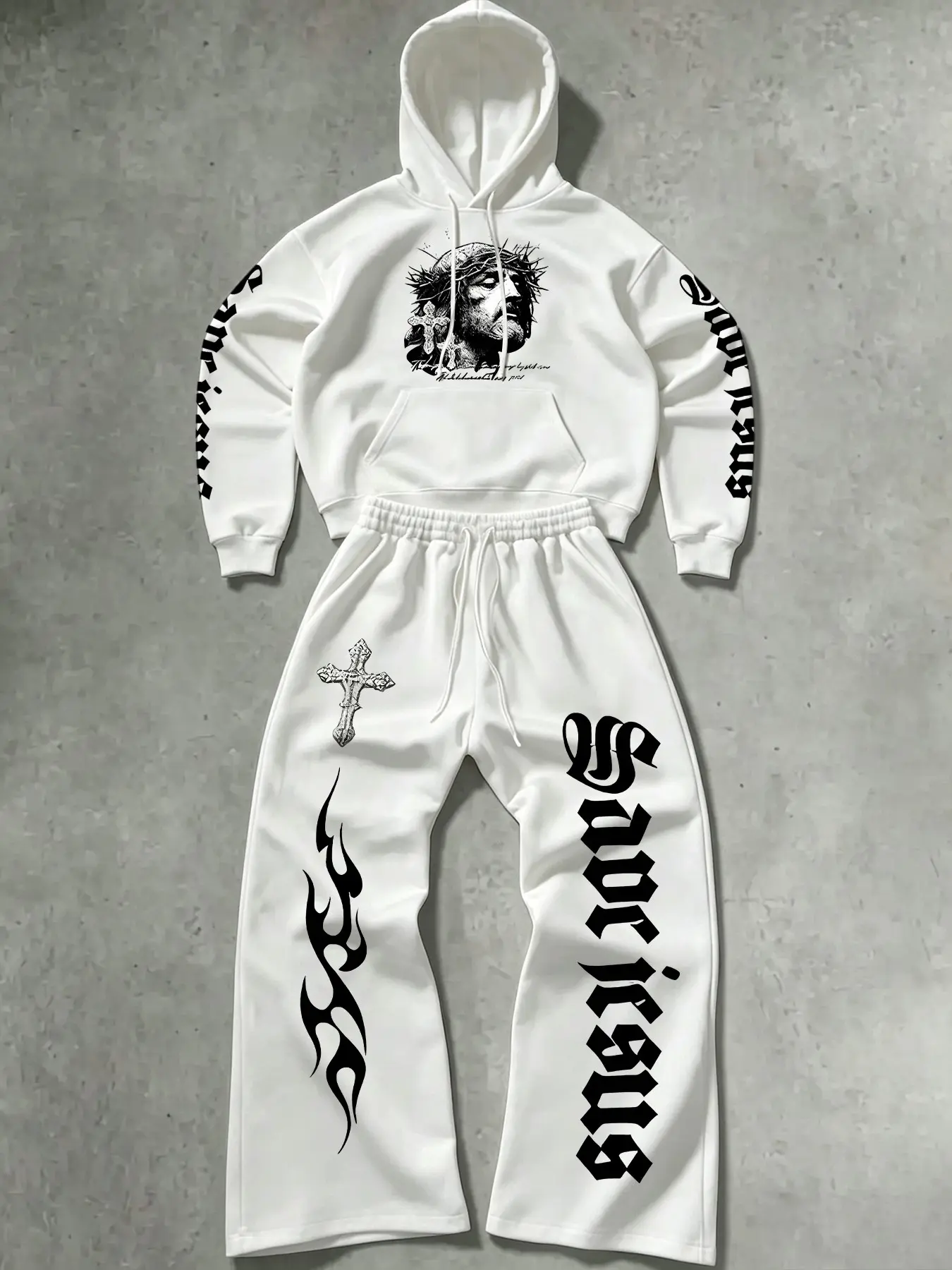 Men's Jesus Graphic Print Hoodie Set, Fleece Lined Sweatshirt + Waist Drawstring Wide Leg Pants, Casual Streetwear Fall & Winter Sweatshirt Sets