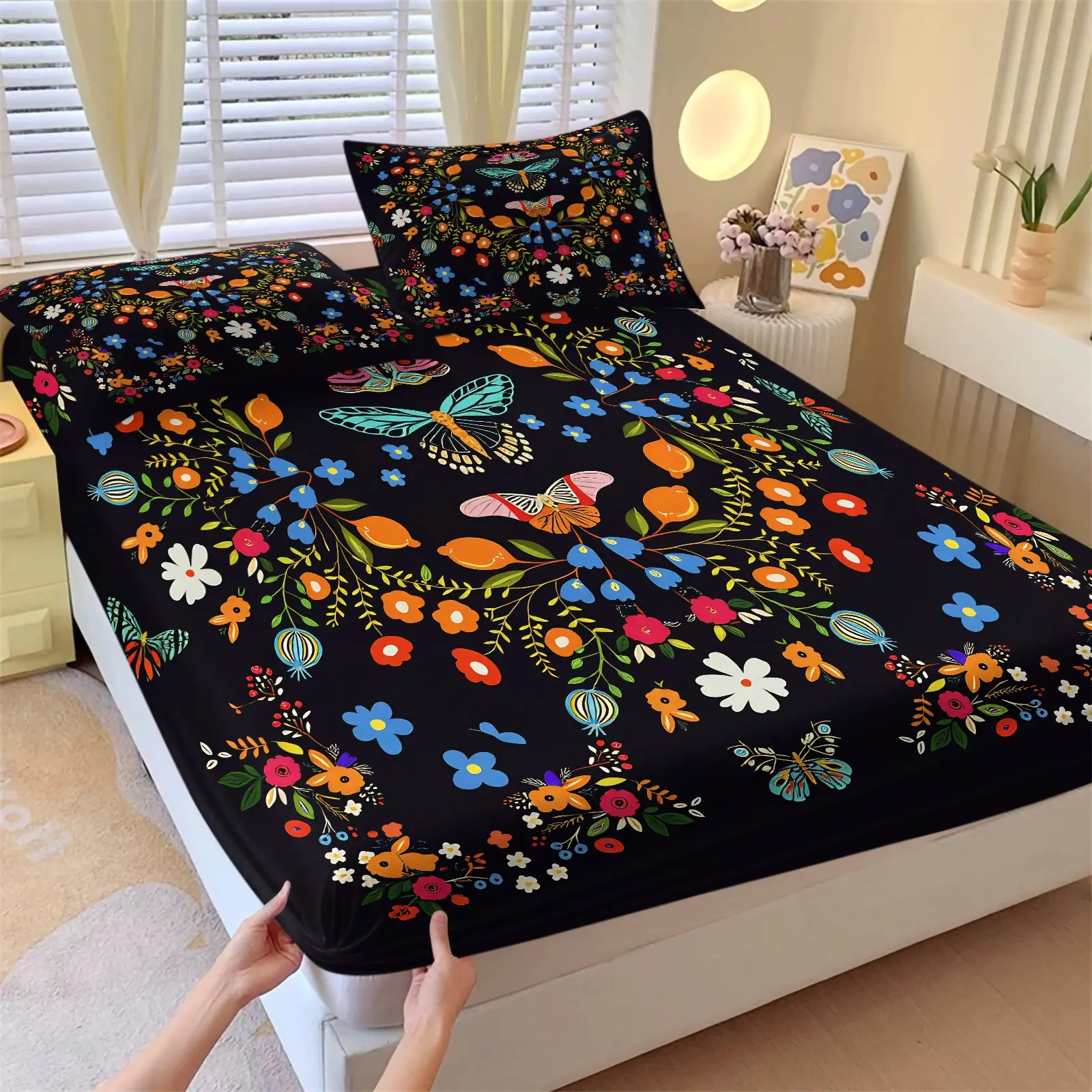 Mandala Art Style Colorful Butterfly Fruit Floral Fitted Sheet Set, 1 Fitted Sheet & 2 Coreless Pillowcases, Breathable & Skin-Friendly Bohemian Mexican Dark Aesthetic Bedding Set,  Folk Dark Style Bedroom Decoration For Homestays, Gift