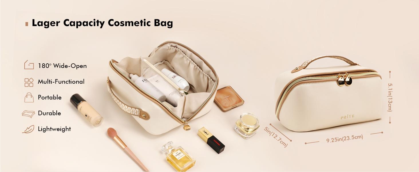 Prite Makeup Bag for Women Travel Waterproof Vegan Leather Cosmetic Bag Open Flat Toiletry Bag With Clear Divider and Handle (Beige)