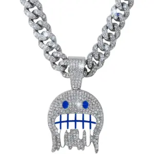 Iced Out Miami Cuban Link Chain with Emoji Pendant | Hip Hop Bling Necklace for Men & Women | Gold/Silver Plated with Full Rhinestones | Rapper Style Jewelry for PartyGift.