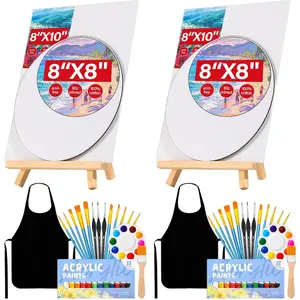62 Pcs Sip and Paint Supplies Set, Detail Paint Brushes, Canvas Panels with Wood Easel, 12 Colors Acrylic Paint, Circular Canvas, Art Aprons for Adults, Kids and Beginners