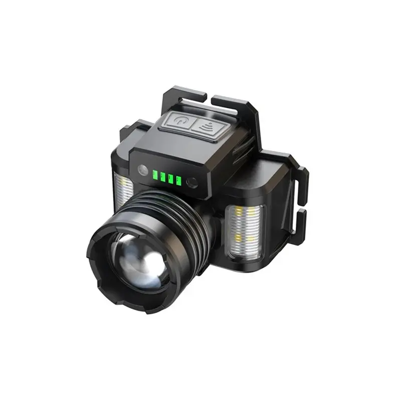 Rechargeable LED Headlamp Head Flashlight with Motion Sensor, Zoomable Spotlight, 6 Lighting Modes, Side White Red Blue Warning Lights, 3600mAh Battery, Type-C Charging and USB Output for Camping Hiking Fishing Running Outdoor Work