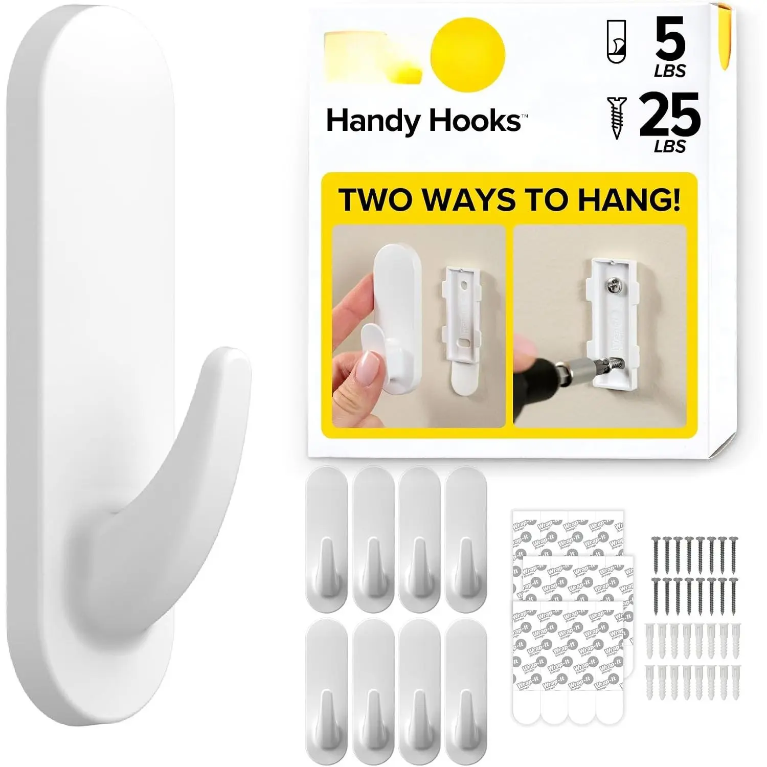 Handy Hooks - The Fin Large 8 Pack (White) |  Option Wall Mount or Removable Adhesive Hooks - Towel Hooks, Coat Rack, Picture , Dorm Room Essentials