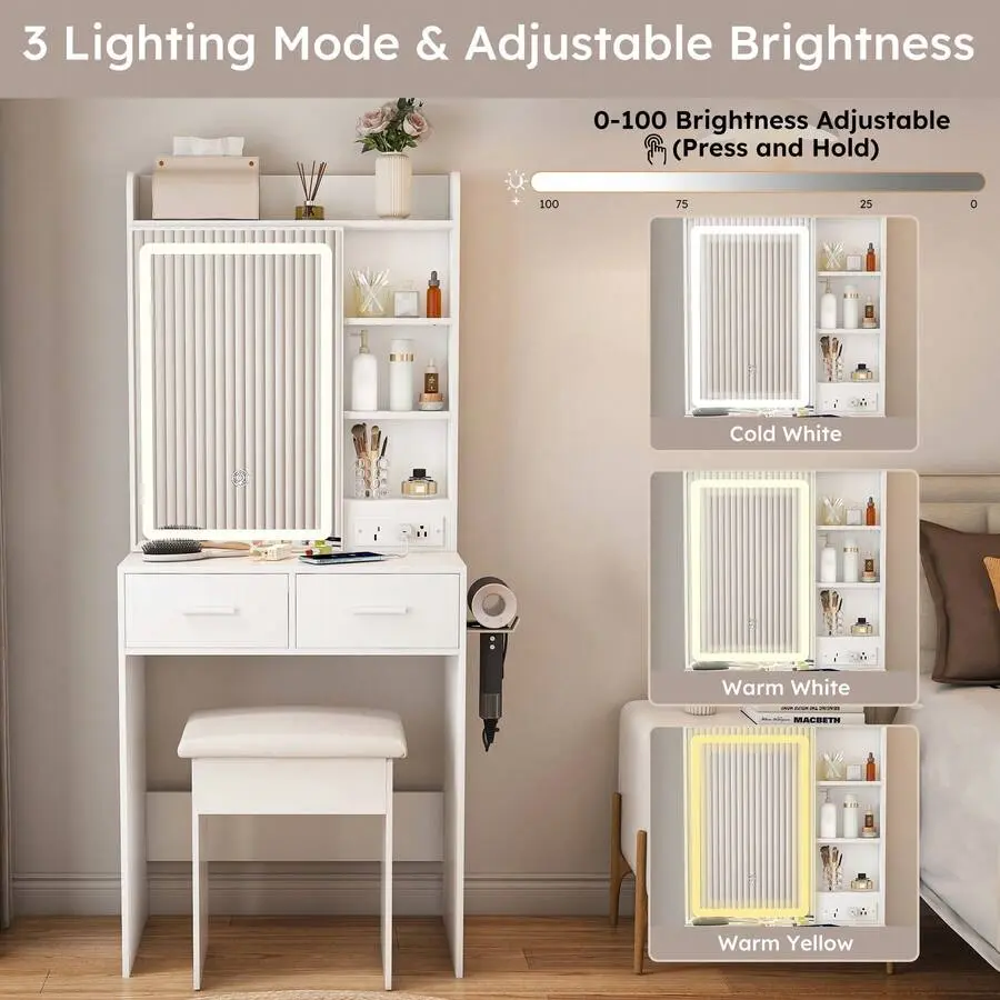 Compact Makeup Vanity Set With Adjustable LED Lights & Charging Station - Space-Saving Dressing Table W/Mirror, Stool, Storage Shelves & Power Outlets Small Bedrooms