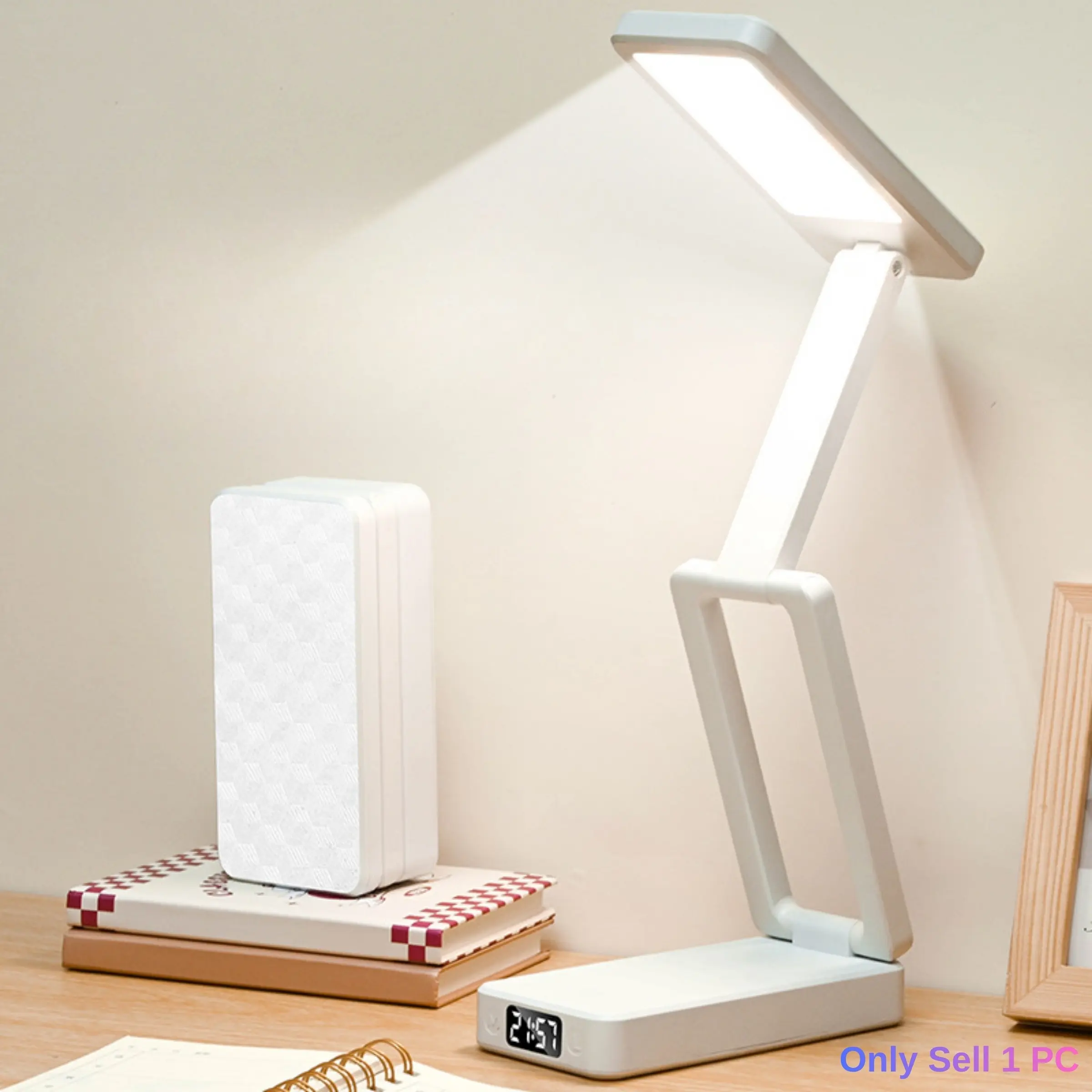 Portable Foldable Touch Table Lamp with Clock, 3 Colors Light and Stepless Dimming, USB Rechargeable Eye Protection Night Light, Suitable for Bedroom, Office, Reading and Studying