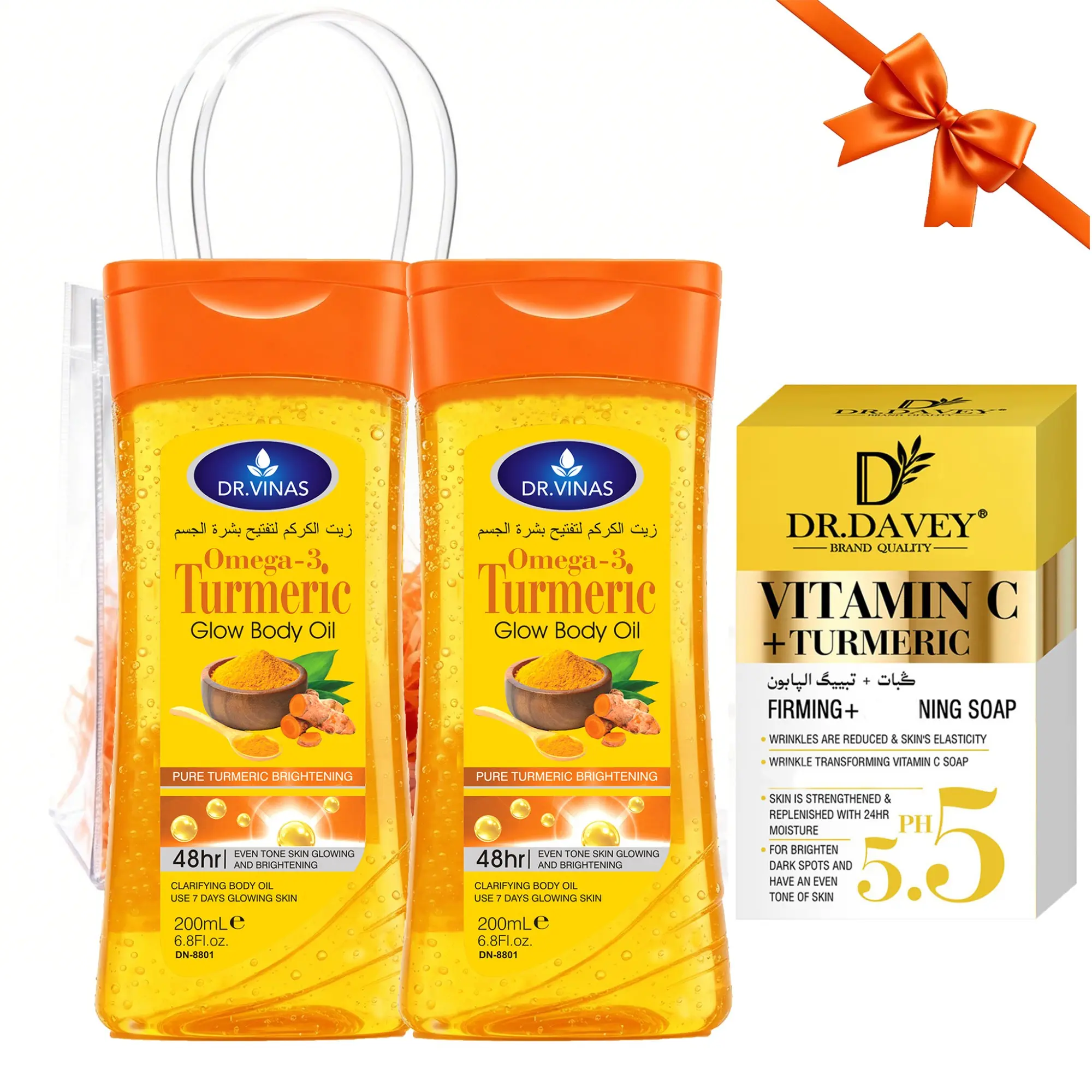 DR.DAVEY Turmeric Skin Care 3-piece Set, Body Care Sets, Body Spa, Turmeric Vitamin C Soap + Turmeric Body Oil Autumn Winter Skin Care Gift Cleaning Moisturizing for Body, Face, Hand, Gifts for Friends, Family, Body Care Pack