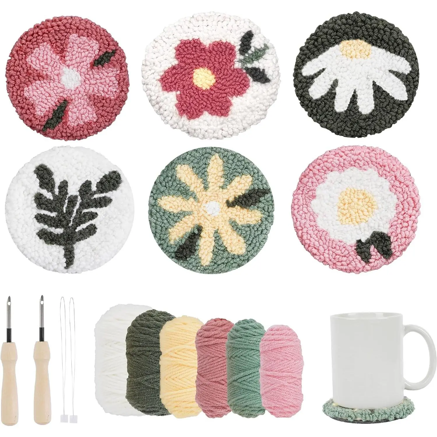 6 Floral Design Punch Needle Embroidery Kit with Monk Cloth, Embroidery Hoop, Yarn & More - Essential Punch Needle Supplies for Crafters, Ideal for BeginnersGift