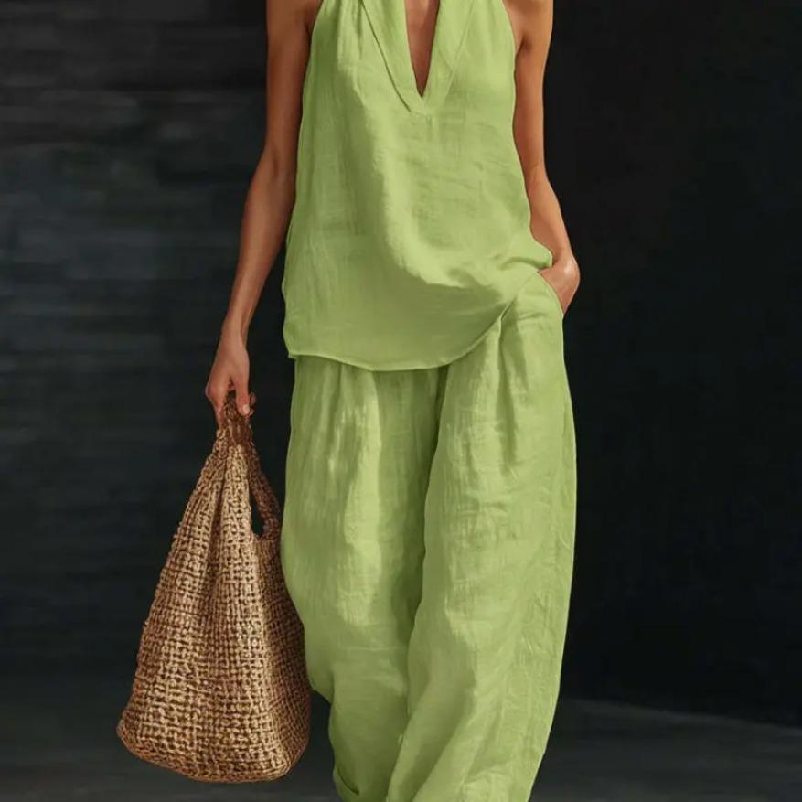 Summer Bohemia Linen Set for Women - Halter Neck Sleeveless Top & Loose Wide Leg Pants, Beach Vacation Brunch Casual Outfit