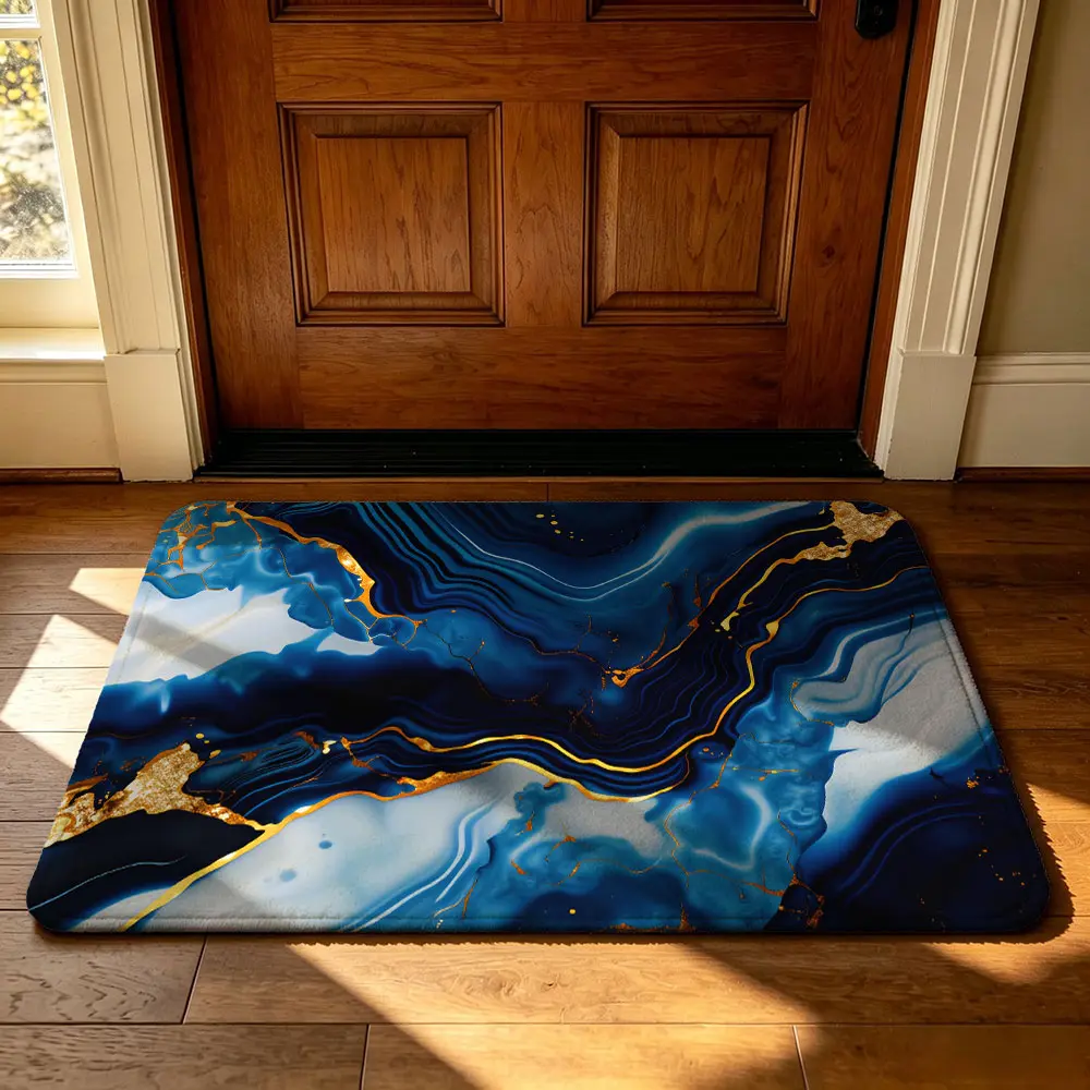 A rectangular blue and gold marble-patterned entryway mat, Home Decor Mat, soft, machine-washable design. Suitable as a dirt-resistant mat at the entrance, in bedrooms, bathrooms; as a decorative mat in living rooms, Durable Decorative Mat