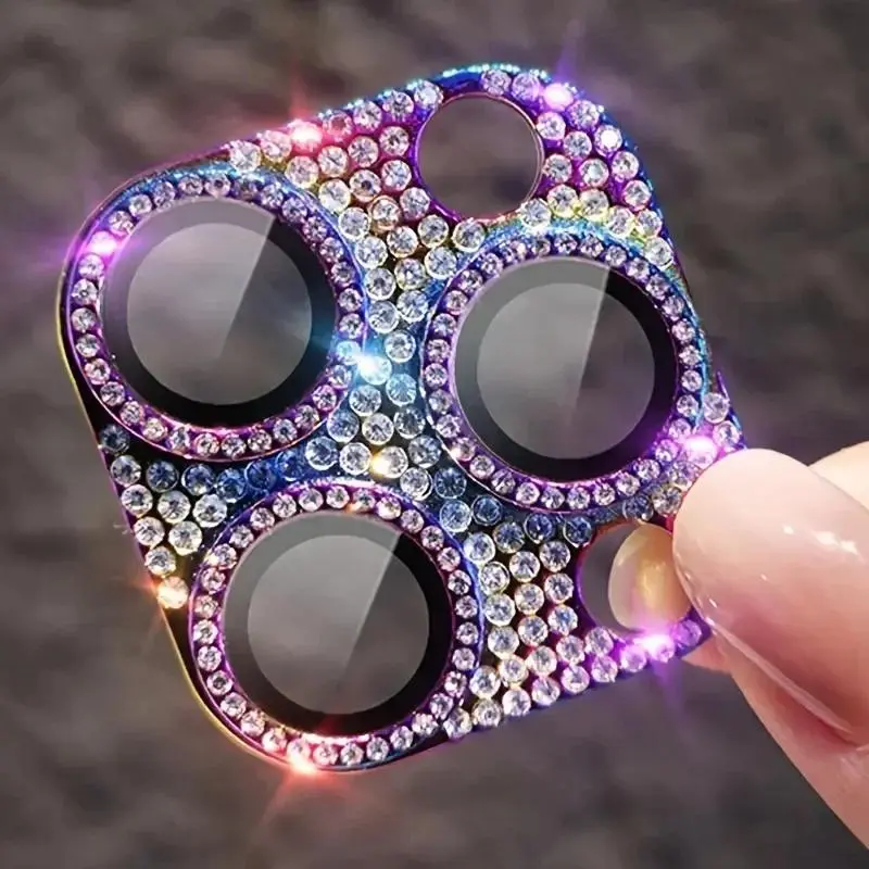 Luxury Glitter Rhinestone Metal Camera Lens Protector Tempered Glass Full Cover Shield For iPhone 17 Air 16 15 14 13 Pro Max Plus Sparkly Diamond Ring