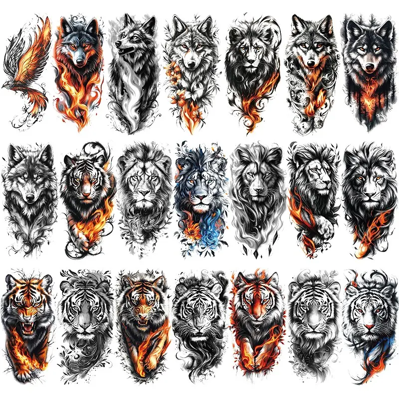 21 Pcs Flame Animal Temporary Tattoo Stickers, Fake Tattoos, Waterproof Cool Tribal Lion Tiger Wolf Eagle Tattoos, Party Decor for All Ages