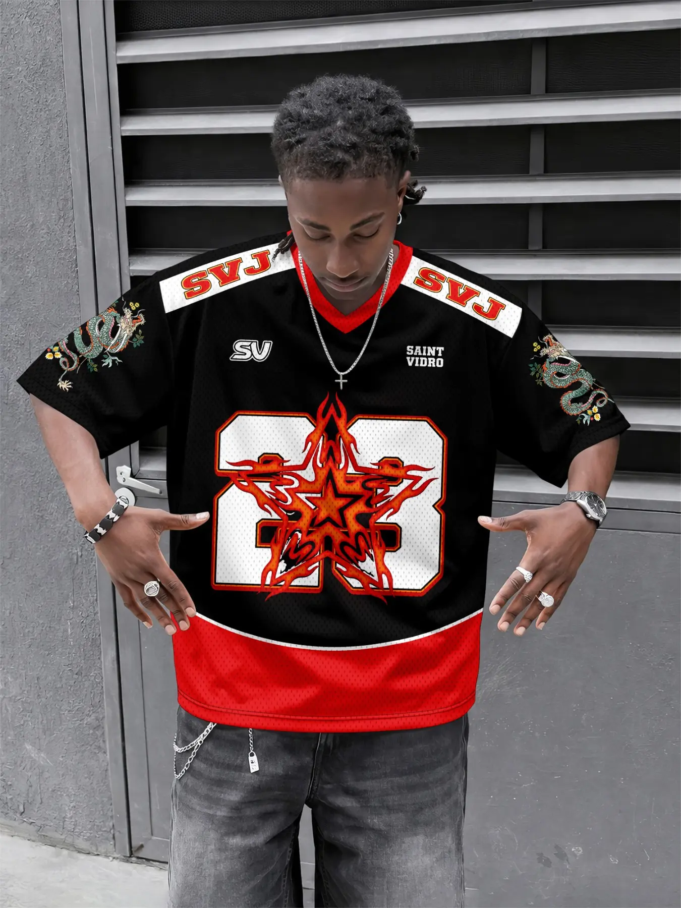 Men's Dragon Flame 23 Number Mesh Jersey, Colorblock V-Neck, American Vintage Short Sleeve, Slim Fit, All Seasons