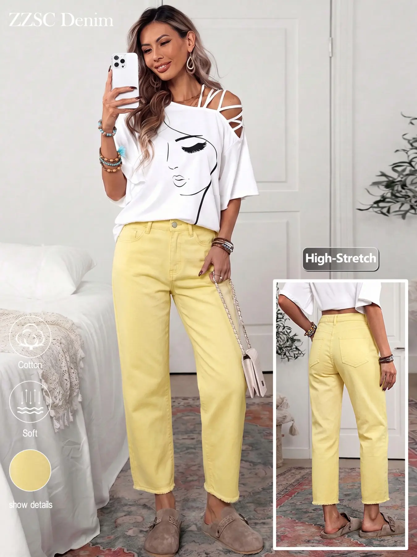 High-Waisted Stretch Straight Leg Jeans, Frayed Hem, Versatile Nine-Inch Cigarette Pants, Casual All-Season Wear