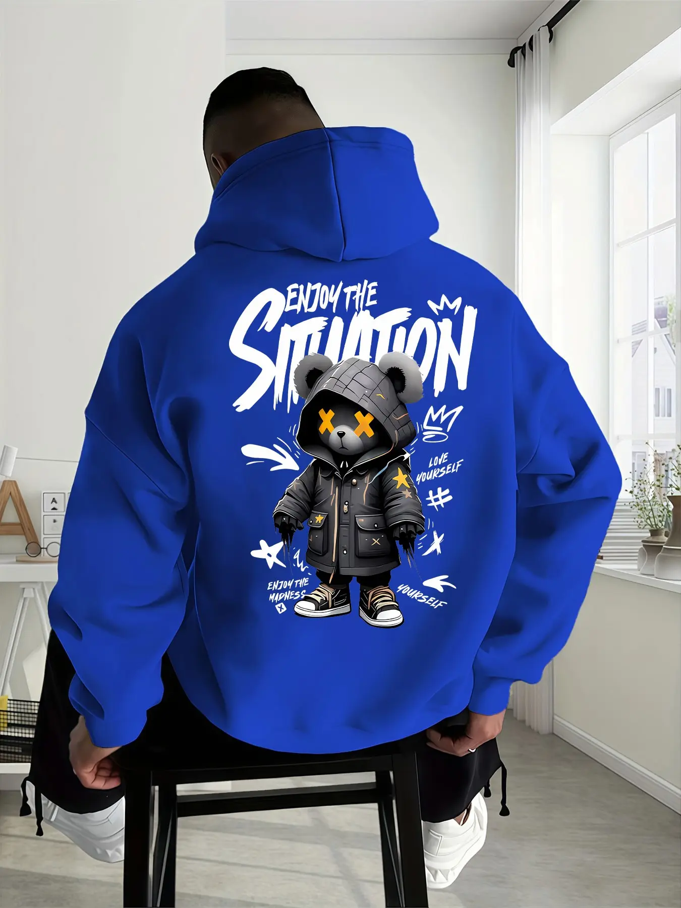 Men's Plus Size Hooded Sweatshirt, Cool Graffiti Bear Letter Print, Street Style Long Sleeve with Pockets, Casual Loose Fit, All Seasons