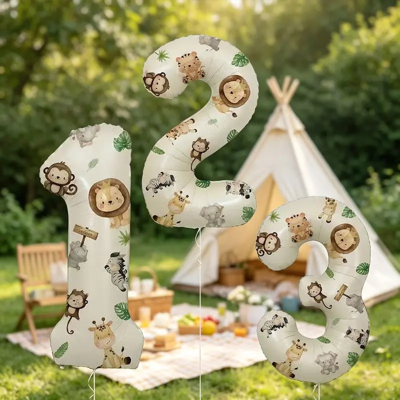 3-Piece Jungle Animal-Themed Foil Number Balloon Set, 32-Inch Balloon, Animal Stickers, Kids Birthday Party Decorations, Party Balloons