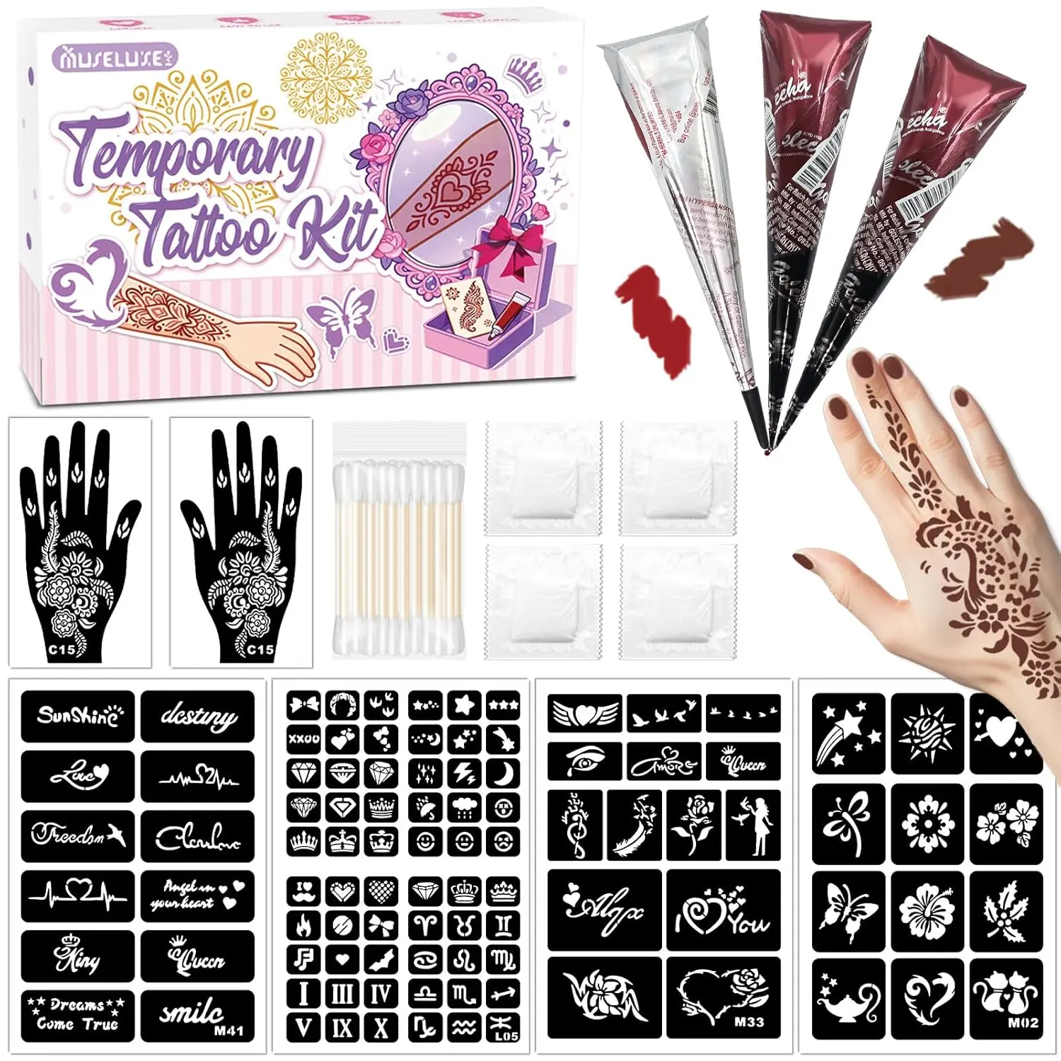 Temporary Tattoo Kit for Teens & Adults – 3 Tattoo Pastes (2 Brown+Cherry Red), 100pcs Reusable Stencils, Outline Pen, Long Lasting Waterproof Body Art, DIY Skin Painting for Festivals, Parties Makeup