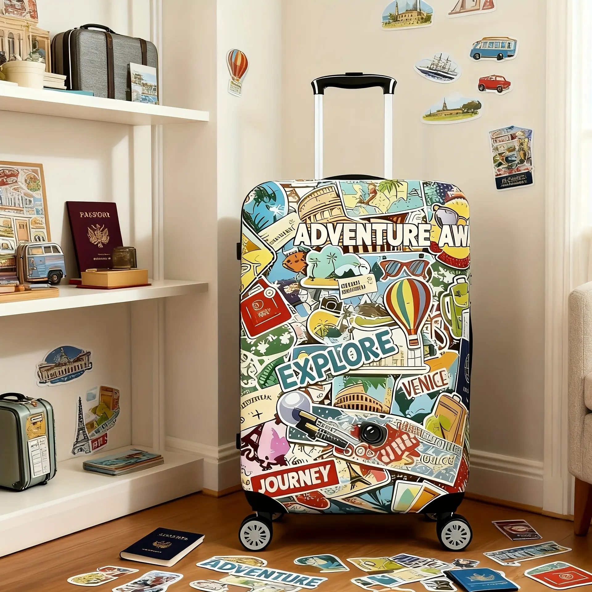 Global Adventure Print Luggage Set, Trendy Retro Landmark Stickers, Elastic Travel Bag Cover, Dustproof Scratch-Resistant Protector