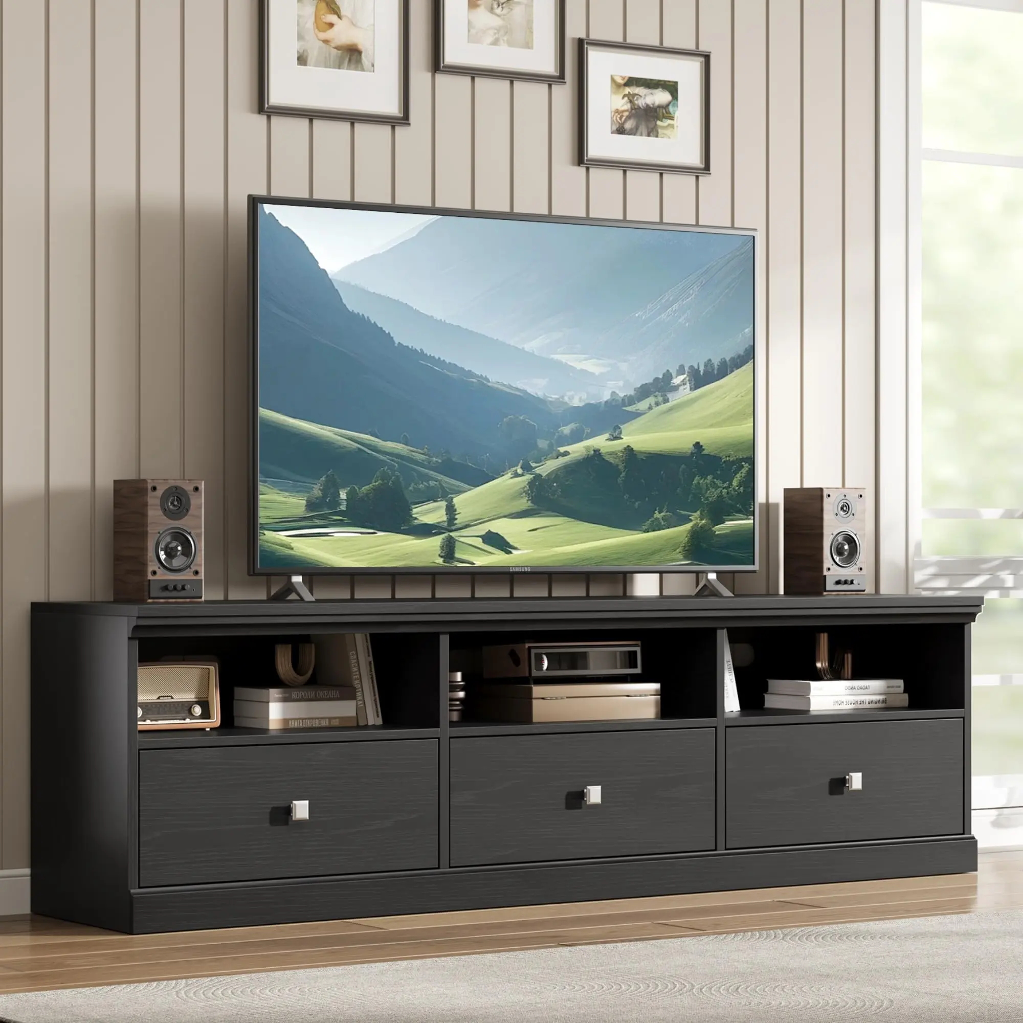 Christmas DealGARVEE Mid-Century Modern Media Cabinet for Large TVs up to 75 Inches, 70" Console with Storage Drawer and Open Shelves, Available in Black, Gray, or Natural Oak Finish for Living Room