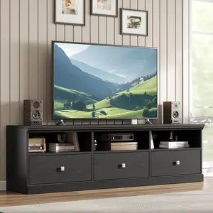 Christmas DealGARVEE Mid-Century Modern Media Cabinet for Large TVs up to 75 Inches, 70" Console with Storage Drawer and Open Shelves, Available in Black, Gray, or Natural Oak Finish for Living Room