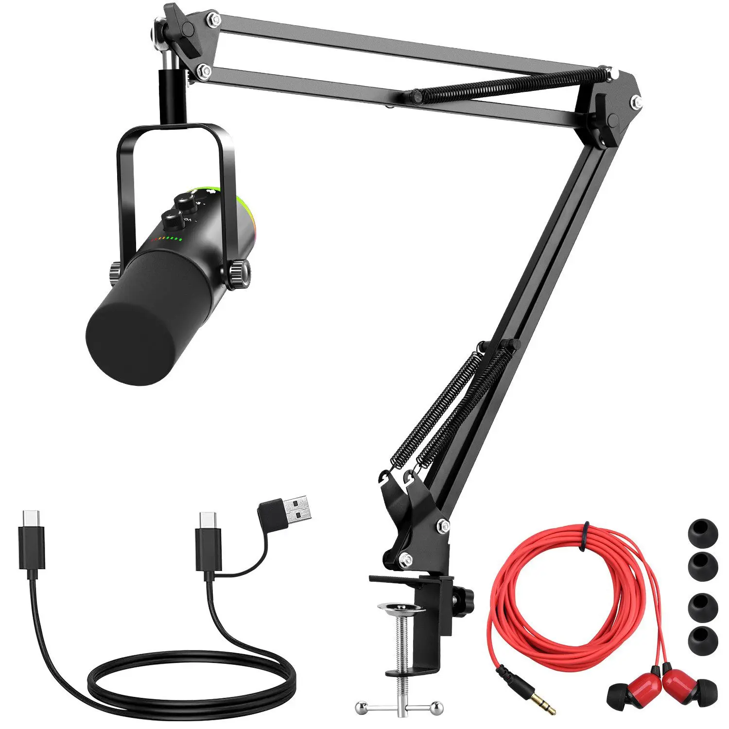Dynamic Podcast Microphone for Content Creators, Wired Recording Cardioid XLR/USB Mic, AI Noise Cancellation, Tap Mute, 3.5mm Jack for Monitoring, Volume Control, Microfono with Boom Arm