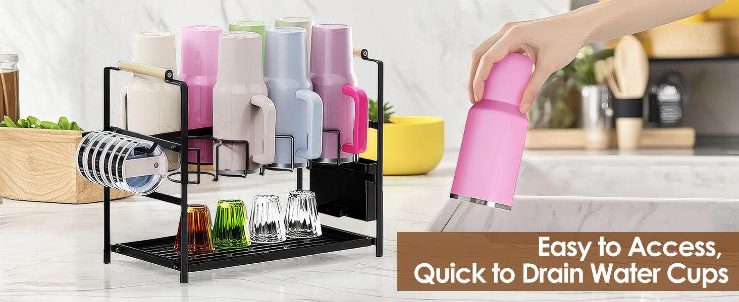Water Bottle Organizer Drying Rack for 40 oz Tumbler with Handle, 2 in 1 Multifunctional Cup Storage Holder Compatible with Stanley, Owala, Simple Modern, Soufull, 8 Slots (Patented)