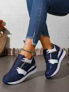 Women's Sequined Height-Boosting Sneakers, Thick Sole Platform Shoes, Lace-Up Versatile Slimming Daily Commute Casual Footwear