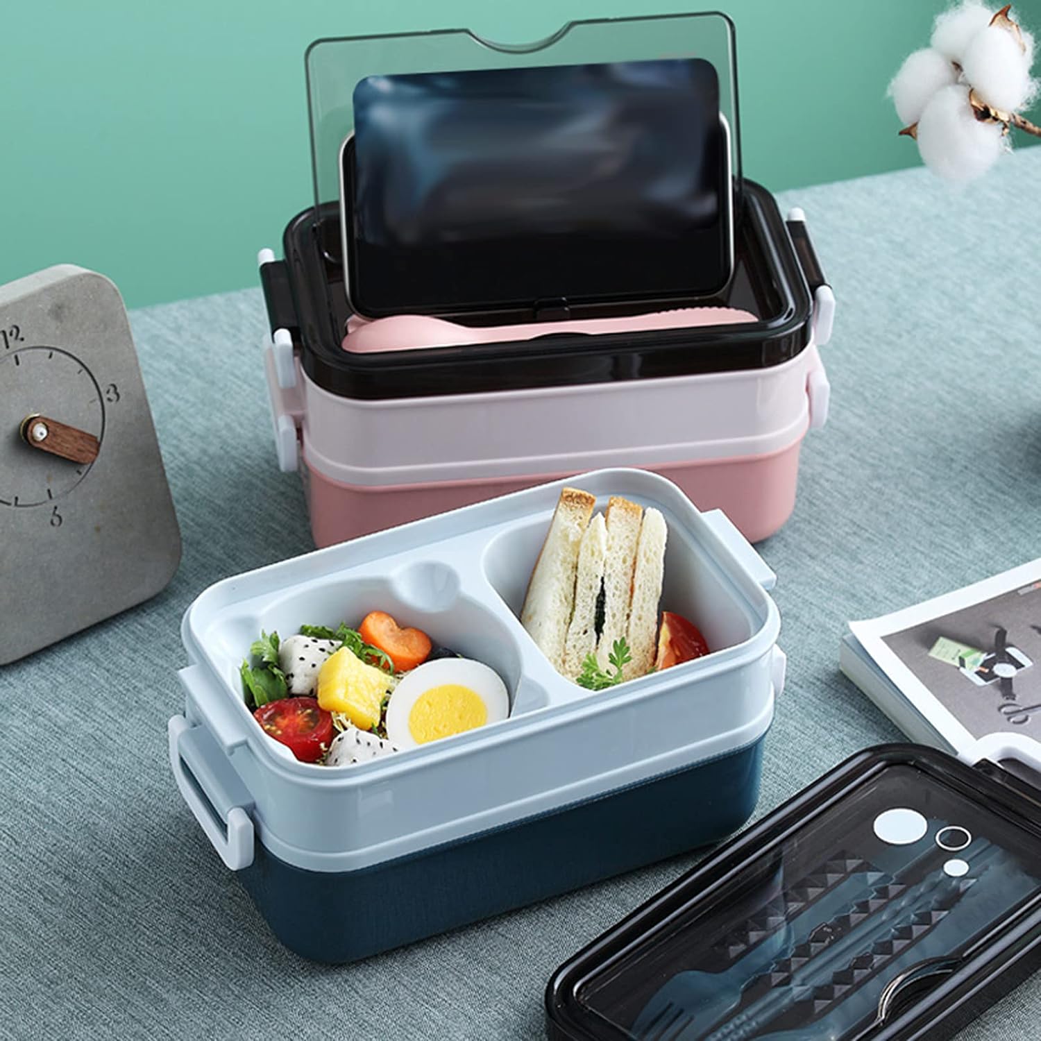 Portable Personal Lunch Box with Cutlery, Large Capacity Double Layer Insulated Lunch Box, Insulated Lunchbox Cooler, Household Kitchen Supplies for School, Office, Picnic, Traveling, Teenagers and Workers, Meal Prep Containers