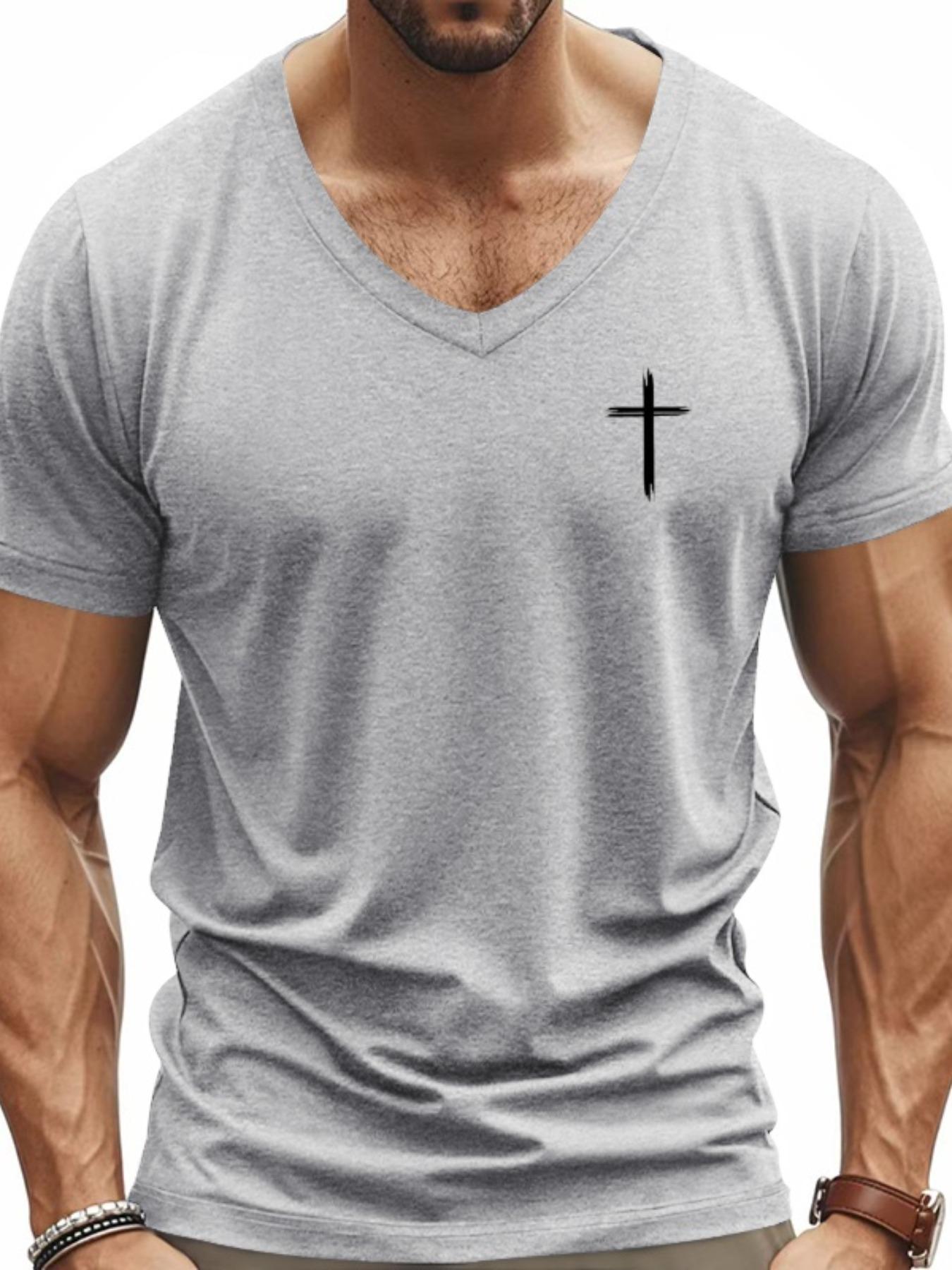 Men's Cross Print V Neck Tee, Regular Fit Casual Short Sleeve T-shirt for Summer, Men's Top for Daily Wear, Gym Tees, Gym Workout Shirt