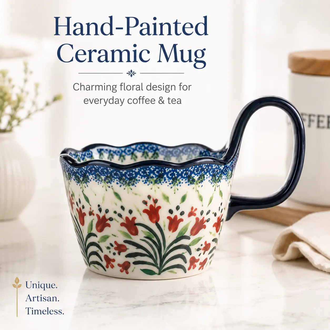 Hand Painted Ceramic Mug with Handle, Floral Coffee Cup Tea Mug, Microwave & Dishwasher Safe Vintage Style Mug, Unique Handmade Gift for Women Mom Tea Lovers, Cute Large Handle Cup for Coffee, Latte, Cocoa, Milk and More