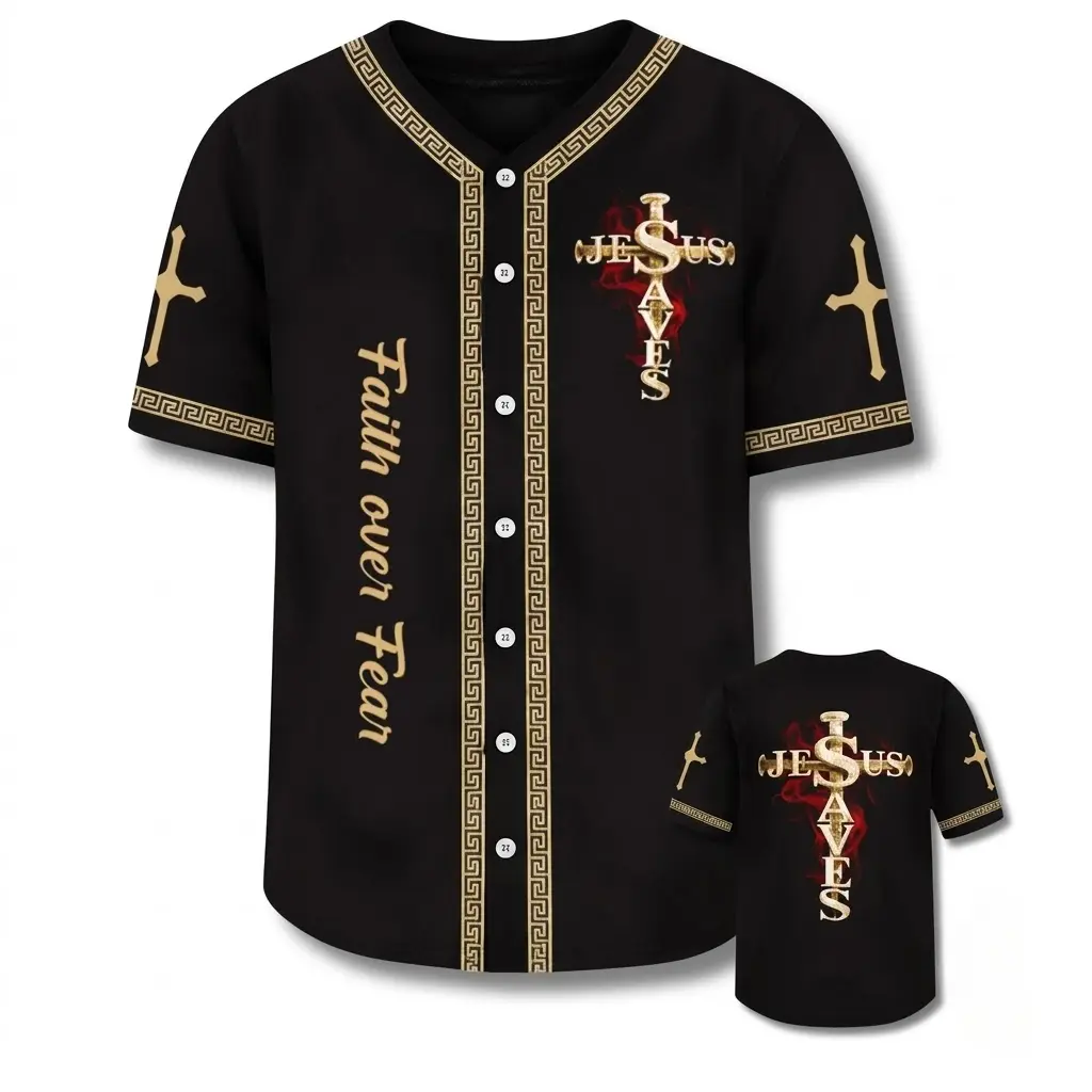 Jesus Saves Baseball Jersey – Faith Over Fear Christian Shirt, Black Button-Front Unisex