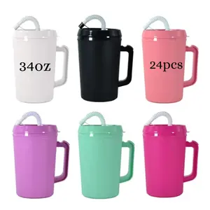 24pack USA 34oz Trucker Mug Hip Sips Mixed Colors Hospital Mug with Handle Lid Straw, BPA Free, Great for Hot days,Stay hydrated, Perfect for Summer