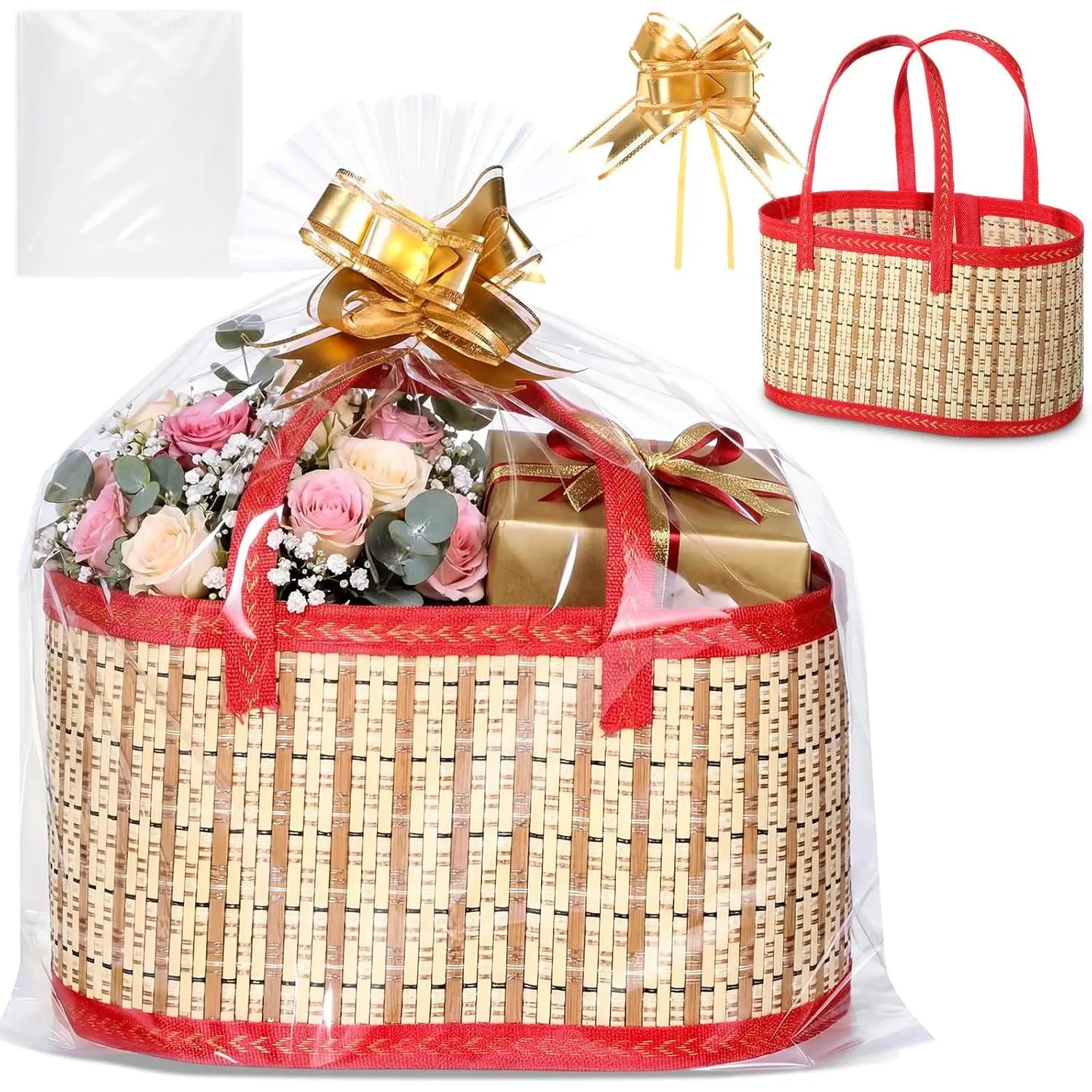 1 Set Empty  Baskets to Fill, Elegant  Woven Basket with Handle, Includes Cellophane Wrap Bag and Pull Bows, Foldable DIY  Basket Kit for  Shower, Raffle, Gifts