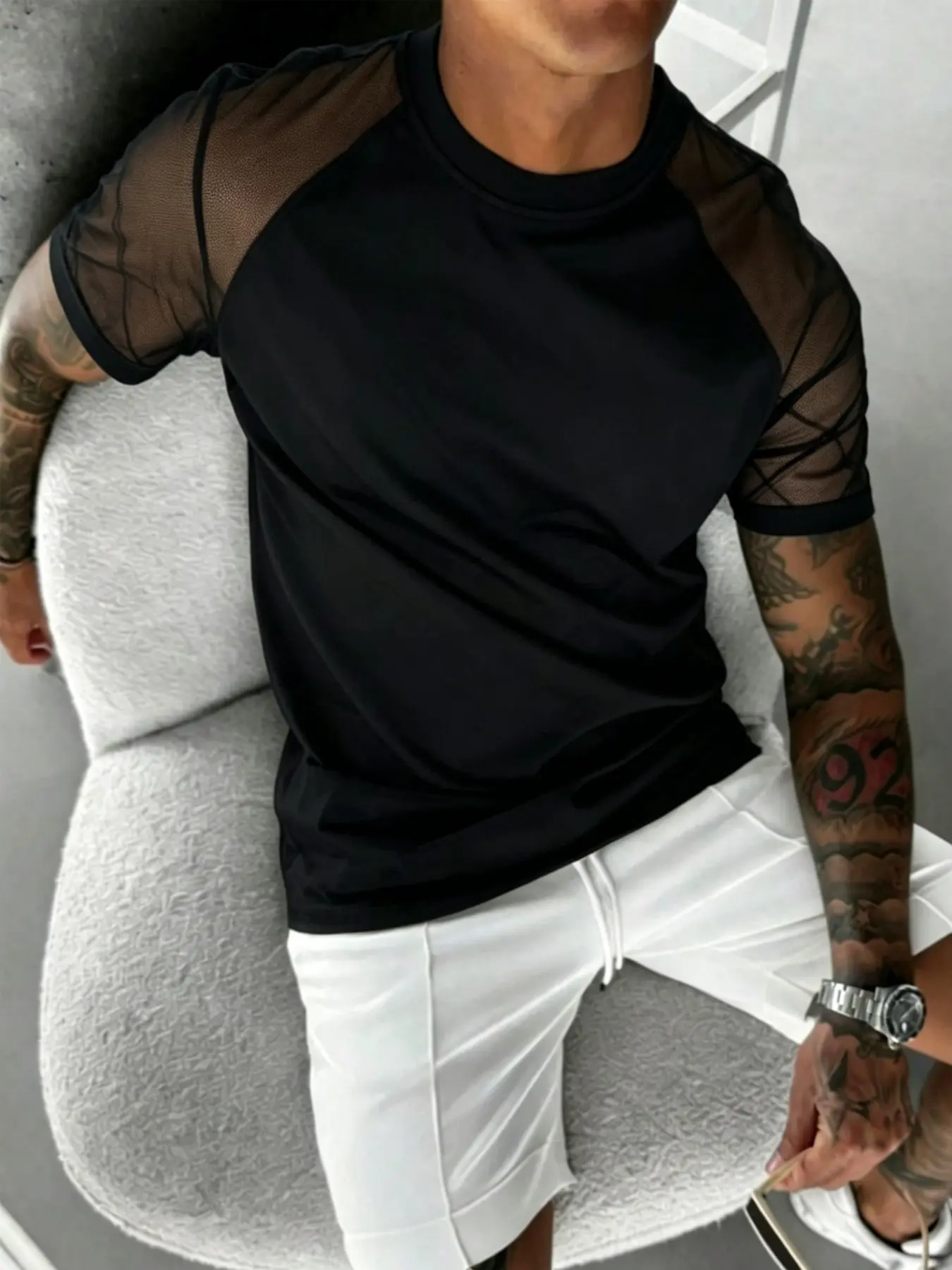 Pride Month June Pick！Men Casual Mesh Patchwork Raglan Round Neck T-Shirt | LGBTQ Gay Queer Streetwear Outfit, Summer Sexy Sheer Shoulder Tee For Pride Parade, Menswear Apparel T Shirt