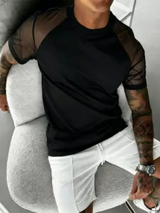 Pride Month June Pick！Men Casual Mesh Patchwork Raglan T-Shirt | LGBTQ Gay Queer Streetwear Outfit, Summer Sexy Sheer Shoulder Tee For Pride Parade
