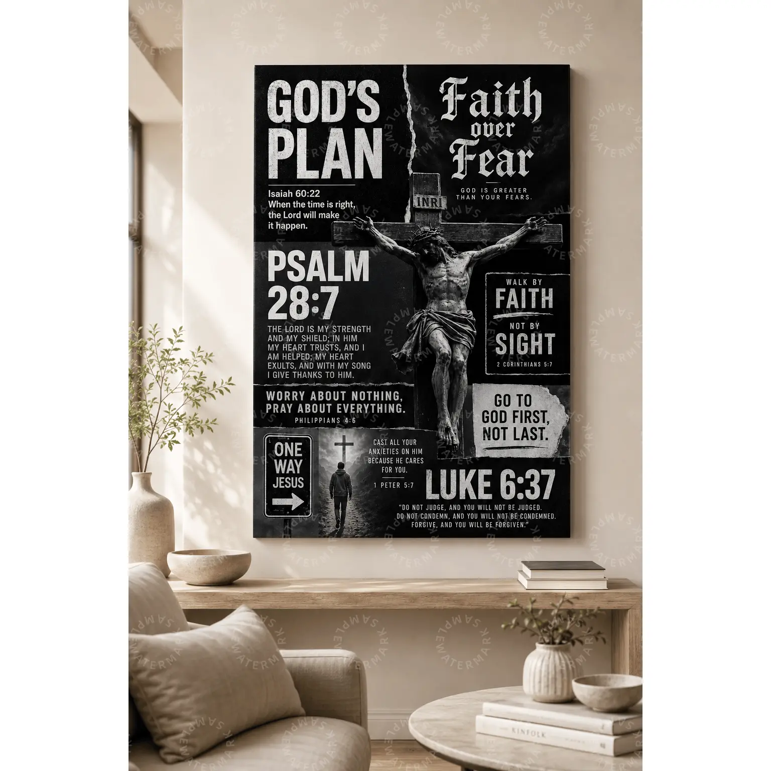 Christian Faith Modern Minimal Canvas Wall Art - Scratch-Resistant Decorative Poster with Crucifixion Image, God’s Plan Bible Verse, Black and White Scripture Collage, Multi-Size Pine Wood Frame for Living Room, Prayer Room Religious Gifts, One-Piece