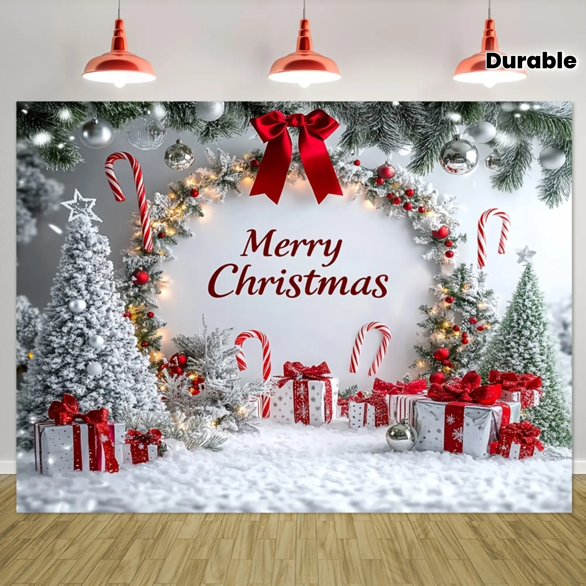 Snowy Candy Cane Christmas Backdrop, Silver Tinsel Holiday Party Banner, Sweet Winter Wonderland Decor, Xmas Wall Hanging