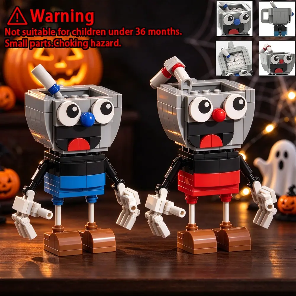 Cuphead & Mugman Building Blocks Set, Multi-Joint Posable Brick Figures, Retro Game Collectible, Desk Display, Birthday Gift for Fans, Creative Building Blocks