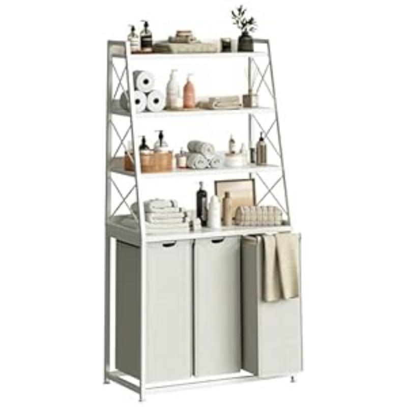 Laundry Hampers with Shelf, Laundry Basket 3 Section, Laundry Sorter with Pull-Out Removable Large 3 Color Bags and Movable Wheels, Metal Frame, 3 x 15.87 Gallons (60L), Rustic Brown PF04XLN