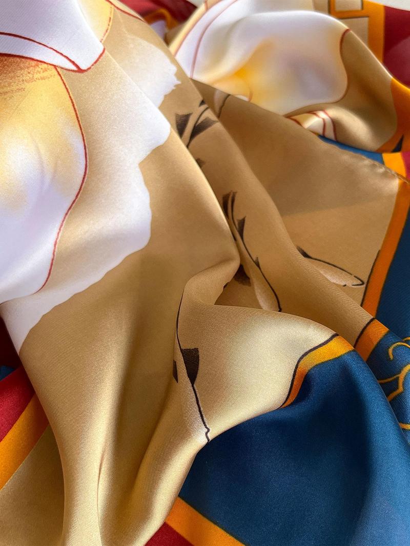 Elegant Floral Print Long Robe and Headscarf Set, Boho Style Beach Cover-Up with Sun Protection, Women's Lightweight Satin Scarf, Swimsuit Cover Up