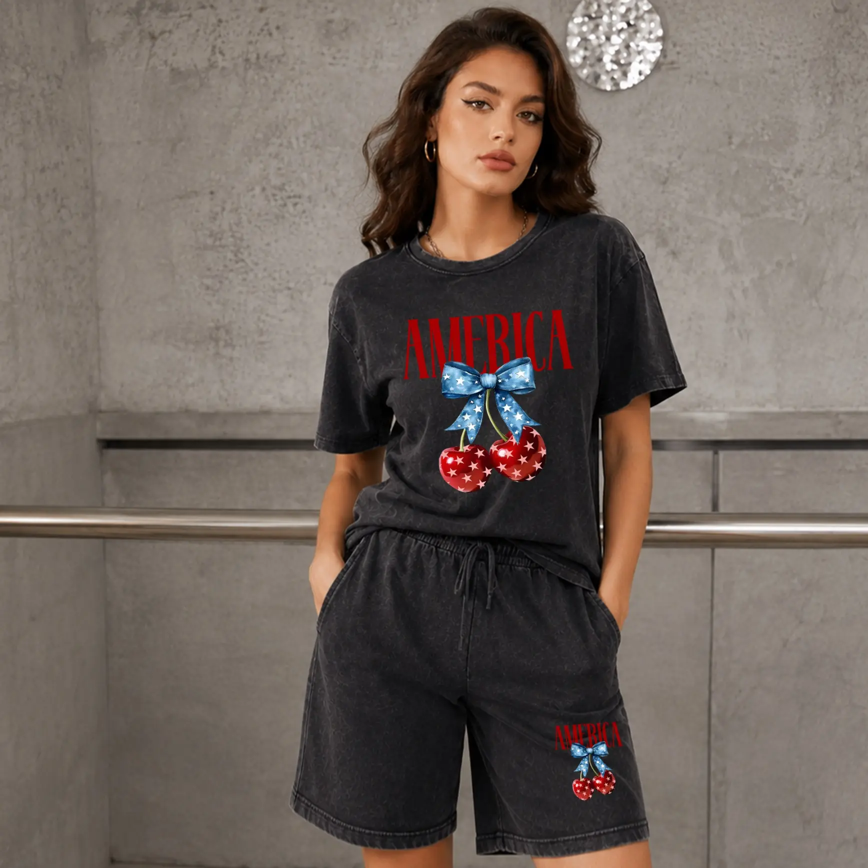 Women’s 100% Cotton America Cherry Bow Graphic Washed T-Shirt & Bermuda Shorts Set, Casual Crew Neck Two-Piece Outfit With Drawstring Waist, Soft Vintage Look