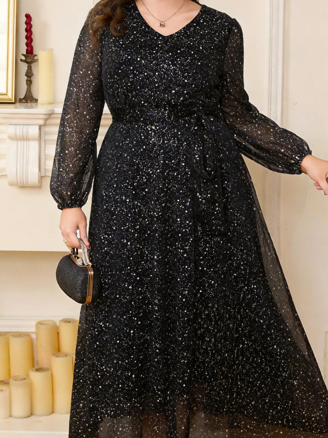 Plus Size Sequin Mesh Long Dress, V Neck Long Sleeve Wrap Tie Waist Evening Party Gown, Elegant Formal Wear for Special Occasions