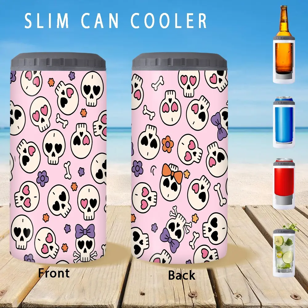 1pc/12oz/350ml,Slim Can Cooler,Insulators,Doucle-Walled Stainless Steel Insulated Slim Cans,2-in-1 Insulated Can Cooler Cup,Skull Pattern Design For Halloween And Party Decorations Surprise Gift For Family And Friends,Great For Birthday Celebrations
