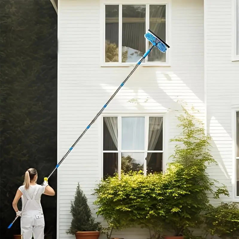 Extra-Long 167.32inch Adjustable 10-Section High-Waist Window Cleaning Pole | & Plastic Telescopic Reach Tool with Dual-Sided Squeegee | Multi-Surface Indoor/ Outdoor Use (Glass, Walls, Bathroom, Patio), Lightweight Design