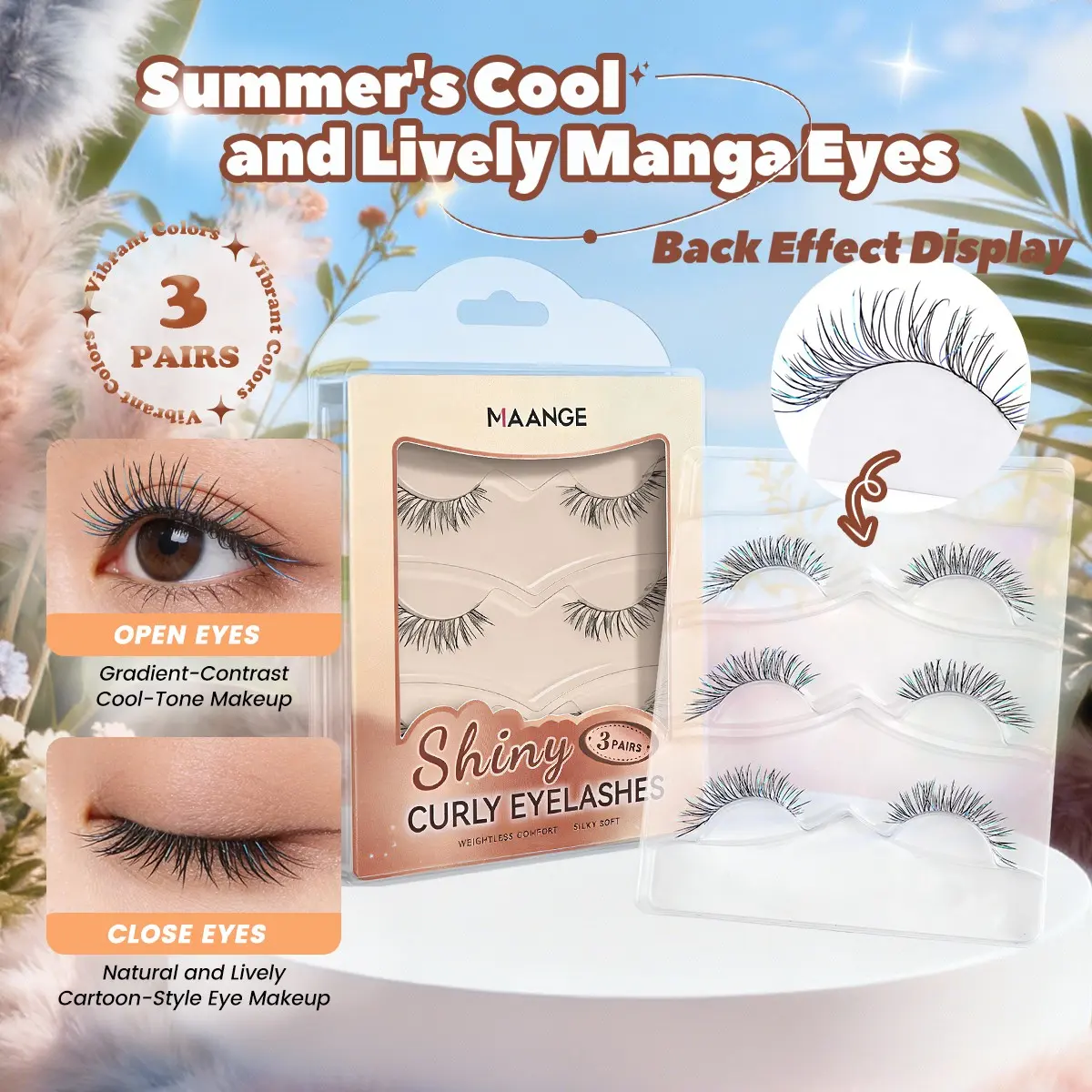 MAANGE 3 Pairs C Curl Shiny Curly False Eyelashes, Natural Manga Style Lashes with Gradient Sparkle Thread, Silky Soft & Weightless Comfort, Invisible Band, Reusable & Easy to Apply, Perfect for Summer Cool-Tone Makeup, Cosplay & Daily Wear