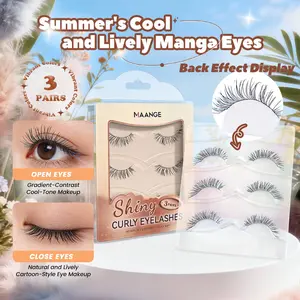 MAANGE 3 Pairs C Curl Shiny Curly False Eyelashes, Natural Manga Style Lashes with Gradient Sparkle Thread, Silky Soft & Weightless Comfort, Invisible Band, Reusable & Easy to Apply, Perfect for Summer Cool-Tone Makeup, Cosplay & Daily Wear